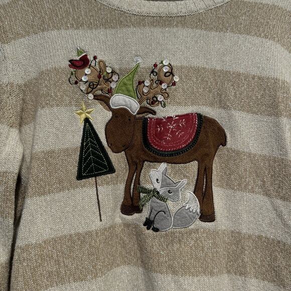 Christopher Banks Striped Reindeer Raccoon Christmas Sweater Size Medium - Picture 2 of 5